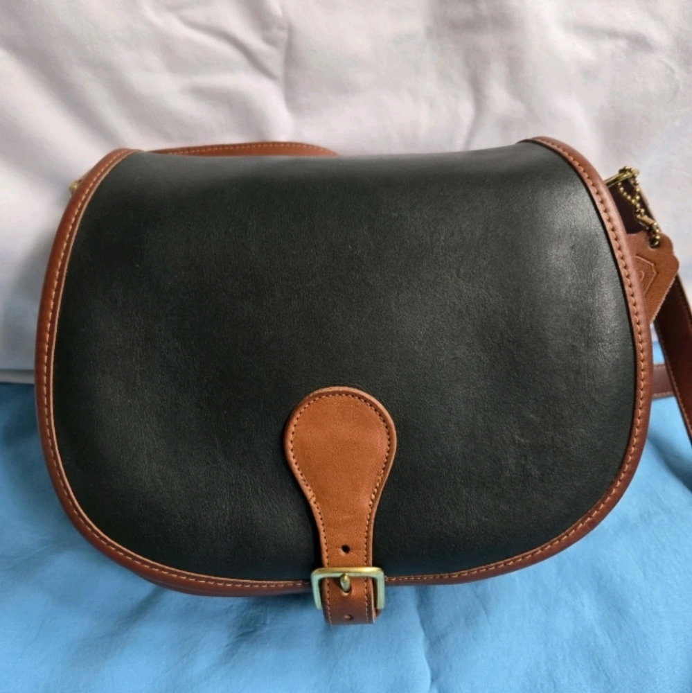 Vintage Coach Spectator Saddle Bag, Green With Brown Trim